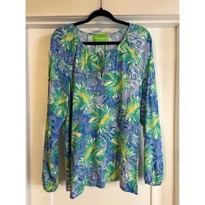 Pappagallo Womens XL Tropical Palm Print Long Sleeve Tie Neck Blouse Green Blue